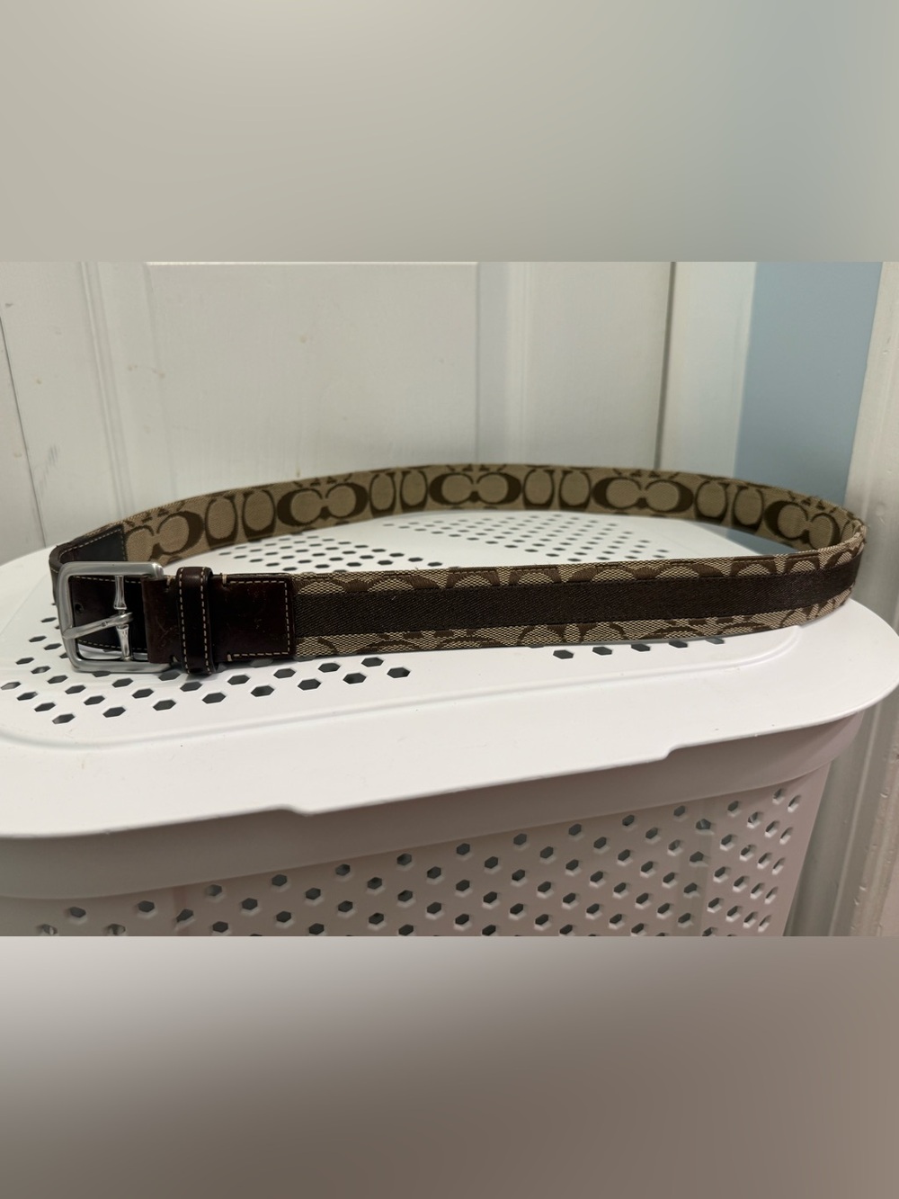 Coach Signature Canvas Leather Belt 40 Brown Khaki Monogram
